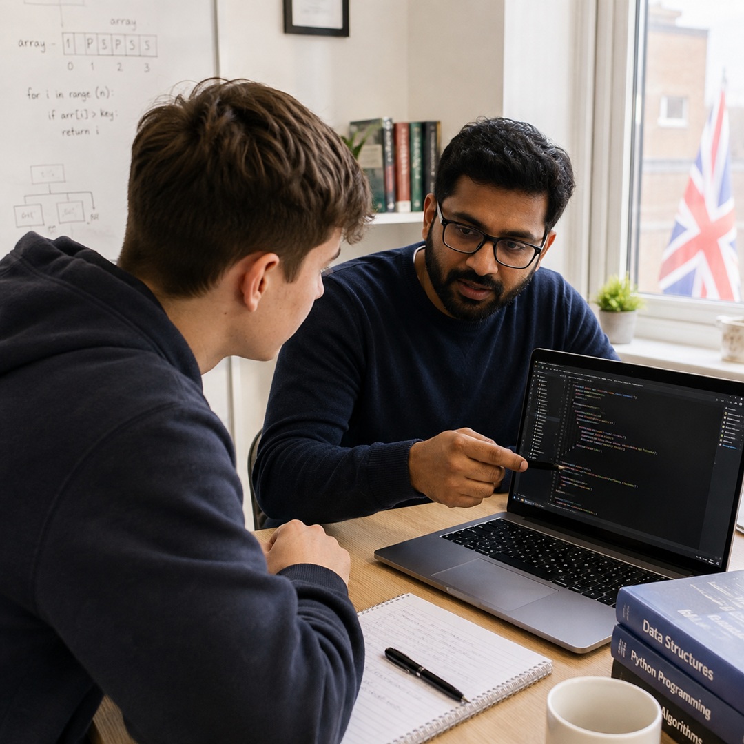 Computer science tutor providing programming and coding guidance to a UK student