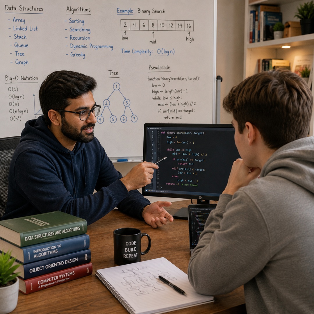 Programming tutor explaining data structures, algorithms and code